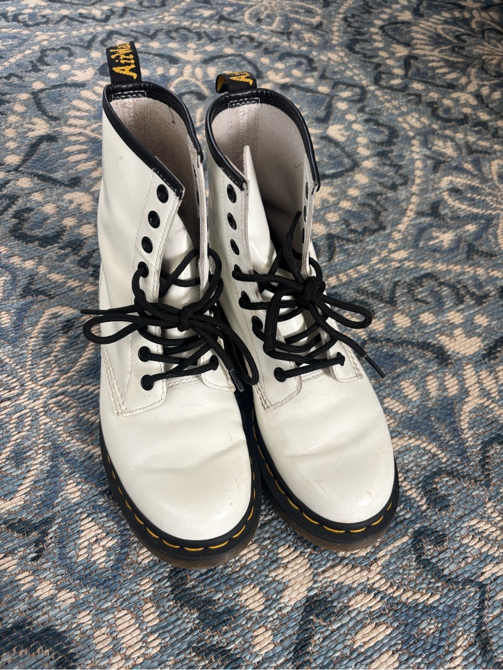 Dr. Martens White Leather Lace-Up Combat Boots with Black Trim